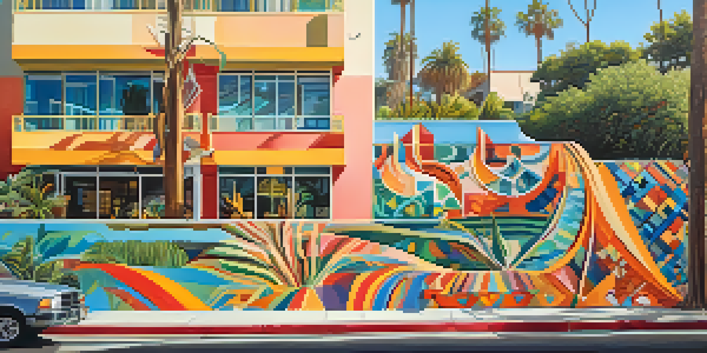 A colorful mural showcasing the history and culture of Santa Monica, surrounded by greenery and illuminated by sunlight.