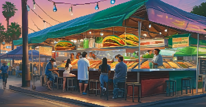A bustling taco stall with a variety of colorful tacos and fresh ingredients, surrounded by people enjoying their meals in a lively outdoor market.