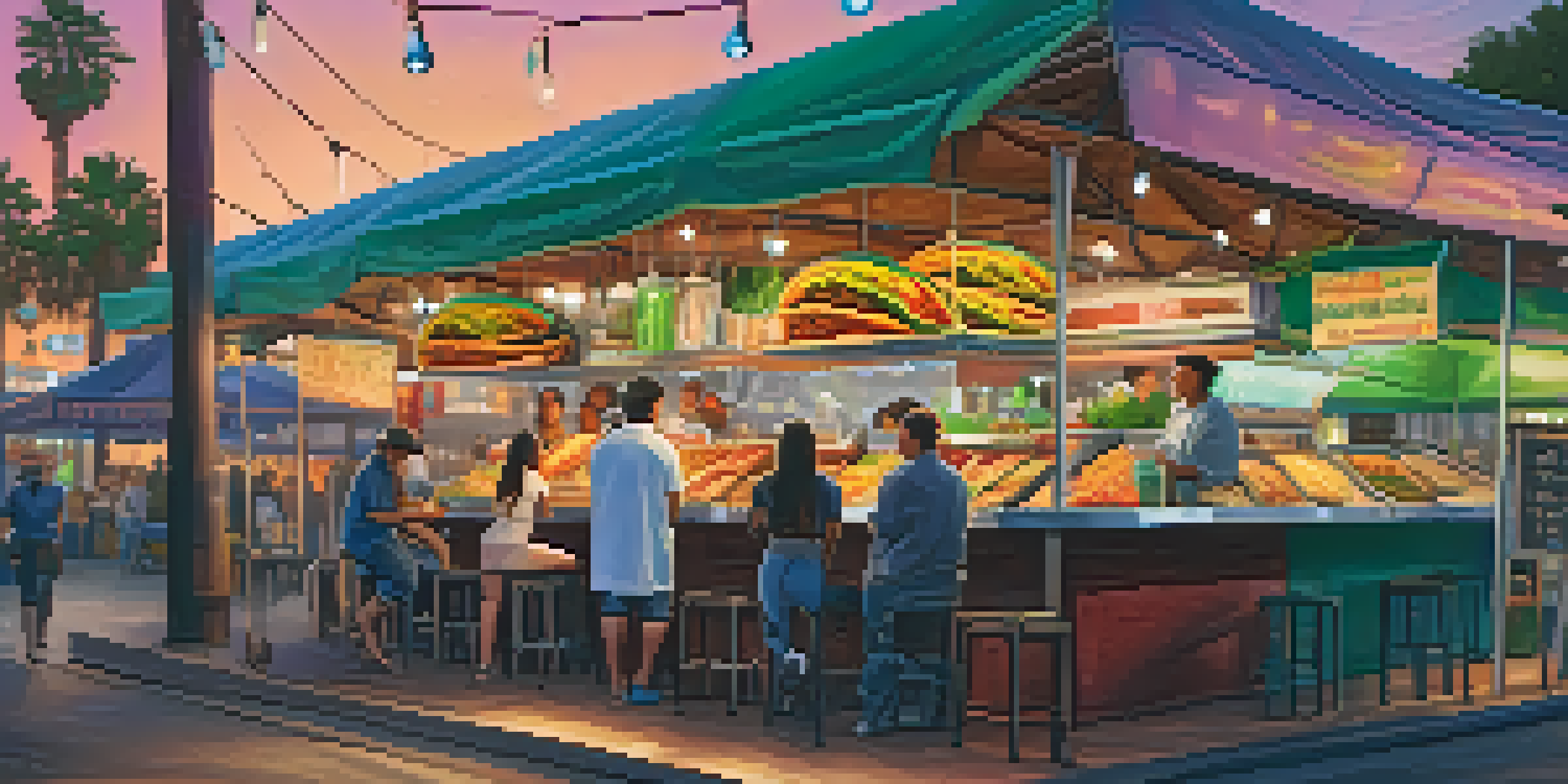 A bustling taco stall with a variety of colorful tacos and fresh ingredients, surrounded by people enjoying their meals in a lively outdoor market.