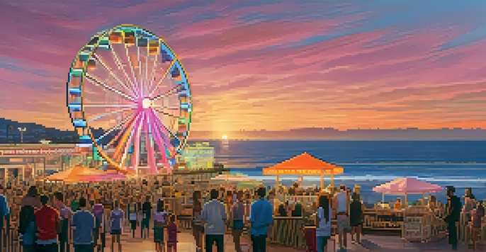 A vibrant sunset at Santa Monica Pier featuring the illuminated Ferris wheel and families enjoying the atmosphere.