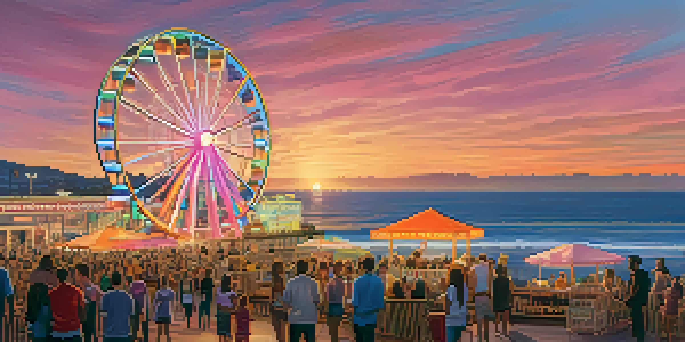 A vibrant sunset at Santa Monica Pier featuring the illuminated Ferris wheel and families enjoying the atmosphere.
