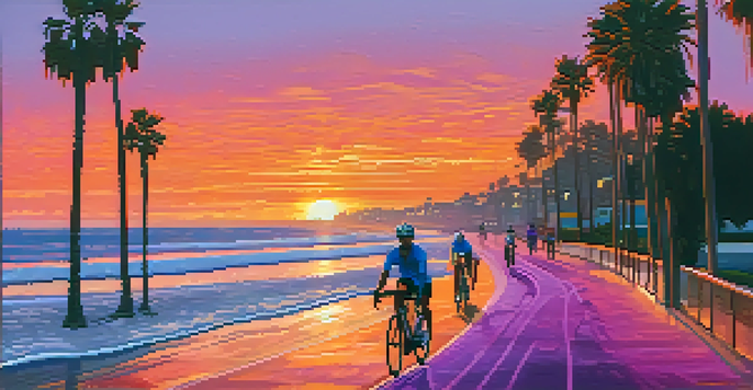 Cyclists riding along the Santa Monica Beach Path at sunset, with the ocean and palm trees in view.