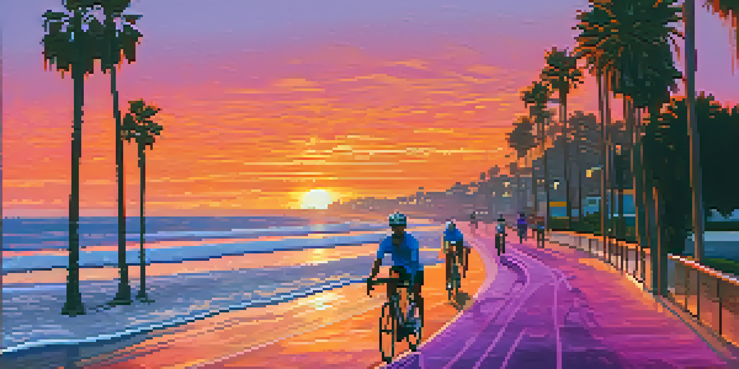 Cyclists riding along the Santa Monica Beach Path at sunset, with the ocean and palm trees in view.
