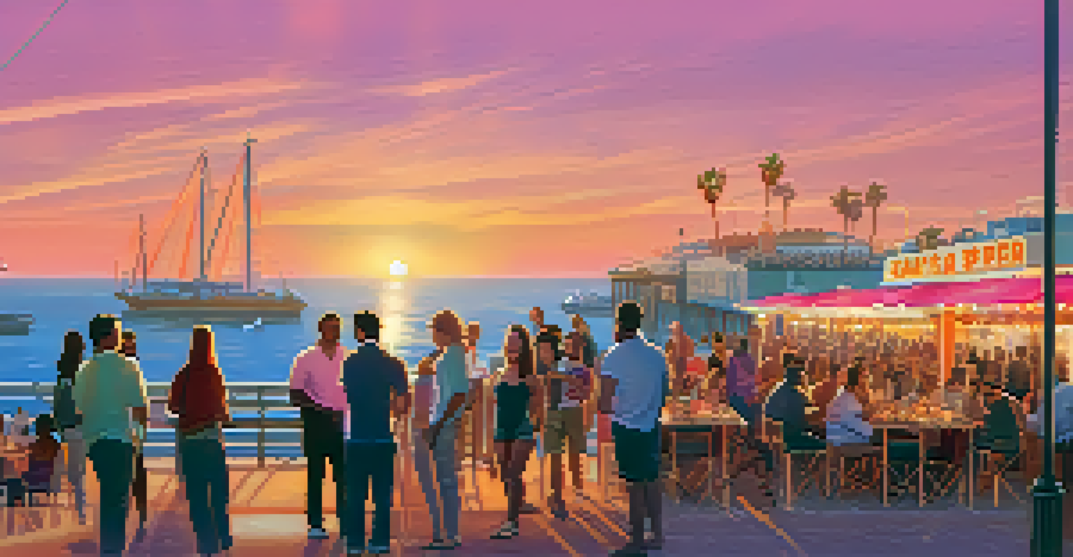 A networking event at sunset in Santa Monica, with people interacting and the pier in the background.
