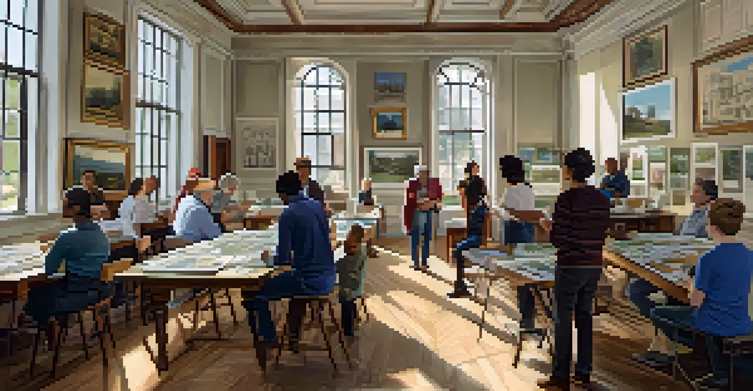 A community workshop in a historic venue, with participants discussing preservation strategies and historical photographs on display.