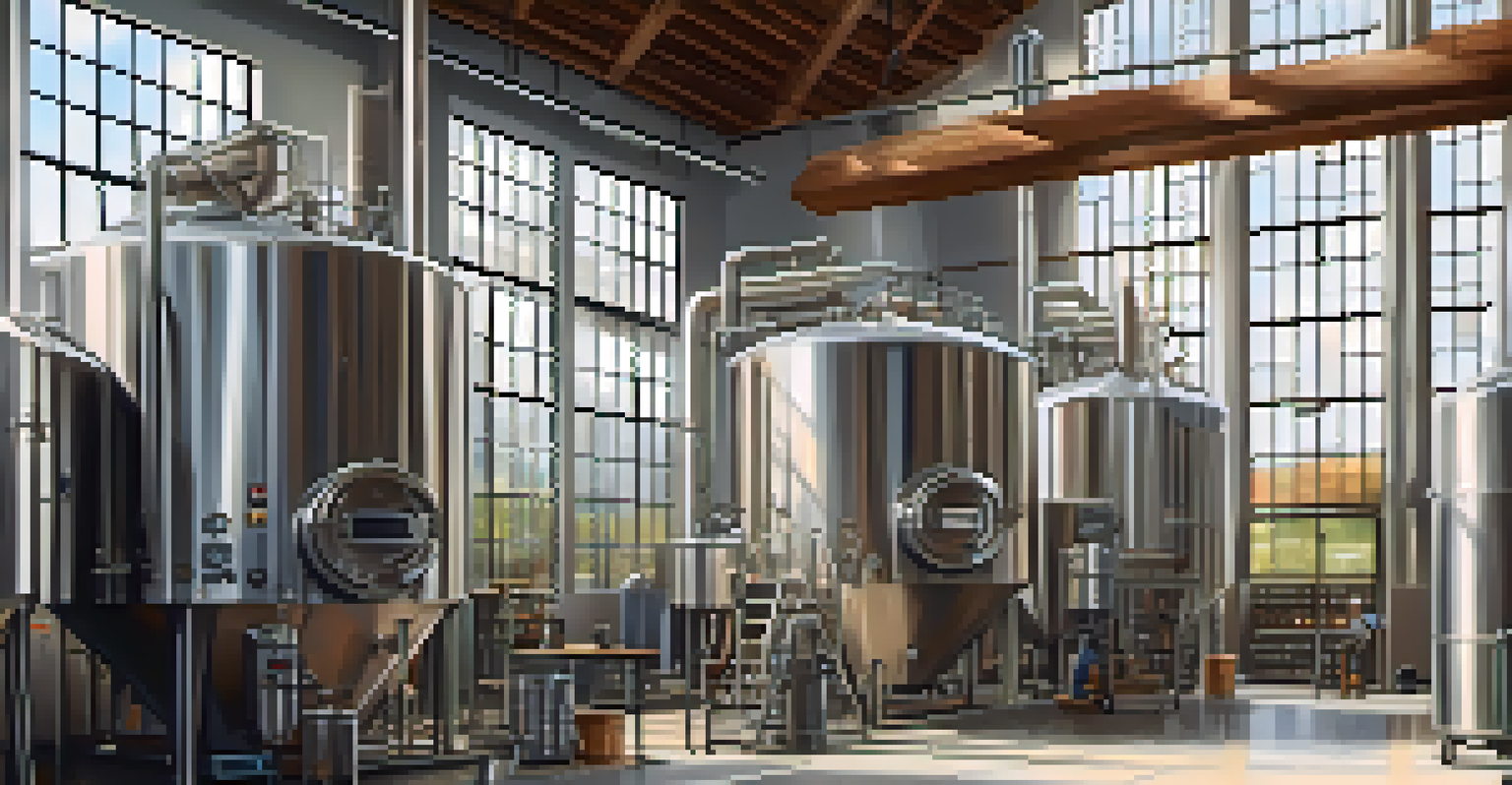 An indoor brewery with energy-efficient equipment and solar panels, featuring workers collaborating in a bright and modern space.