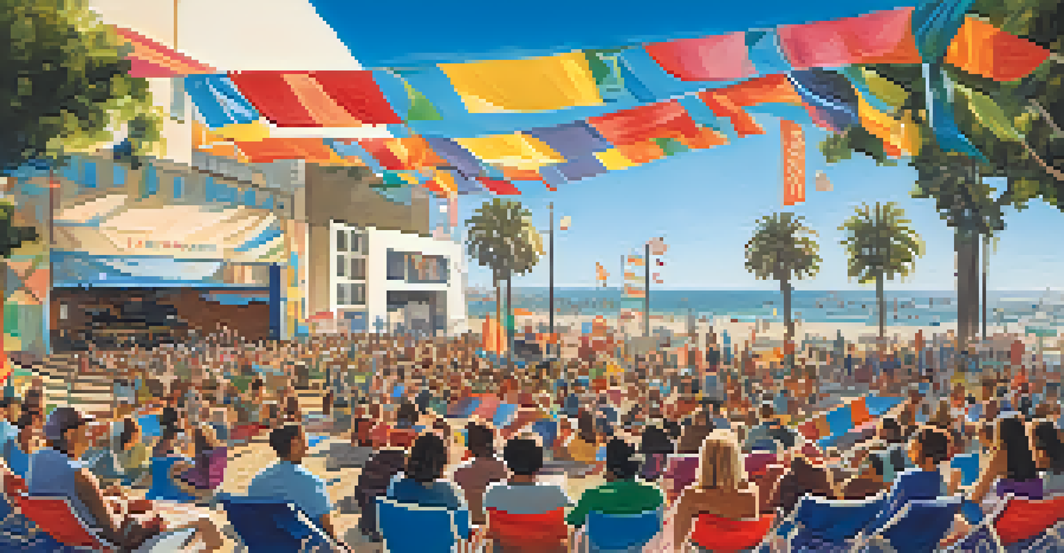 An outdoor theater festival in Santa Monica with performers on stage and an engaged audience enjoying the show.