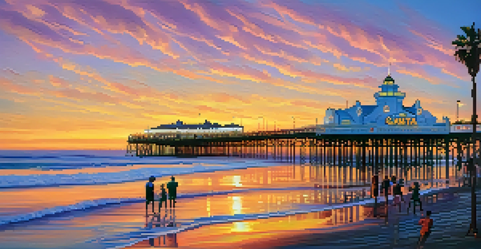 A colorful sunset at Santa Monica Pier, with people enjoying the lively atmosphere and the ocean waves in the foreground.