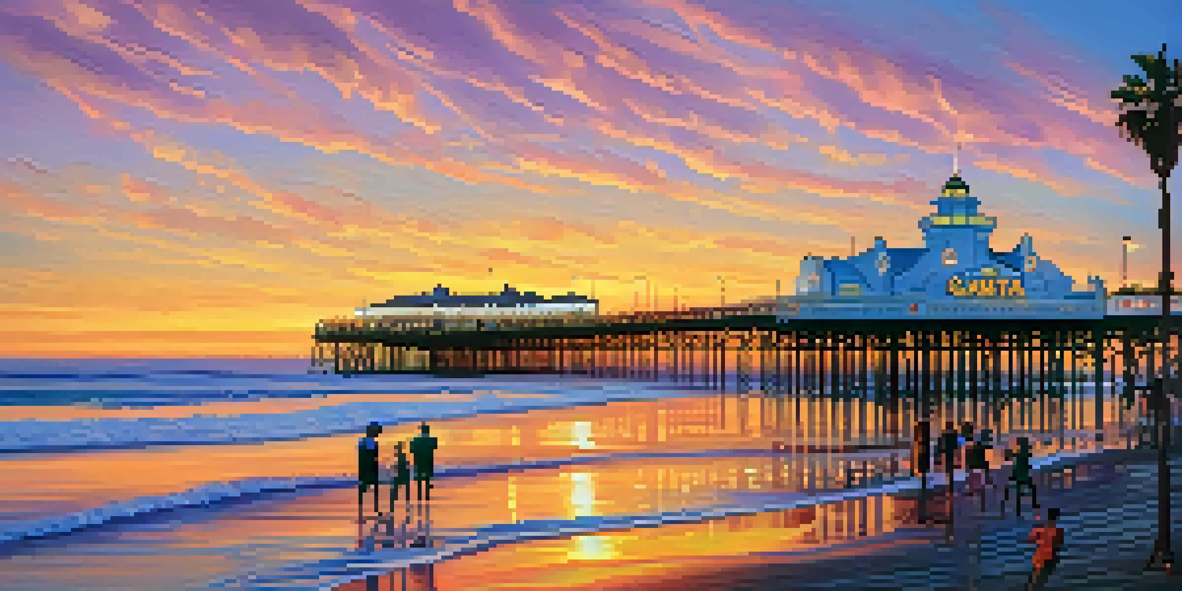 A colorful sunset at Santa Monica Pier, with people enjoying the lively atmosphere and the ocean waves in the foreground.