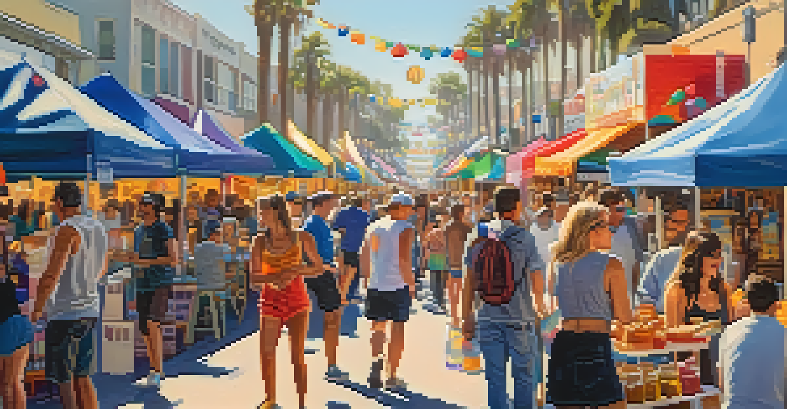 A lively festival scene in downtown Santa Monica with market stalls, families, and street performers under sunny weather.