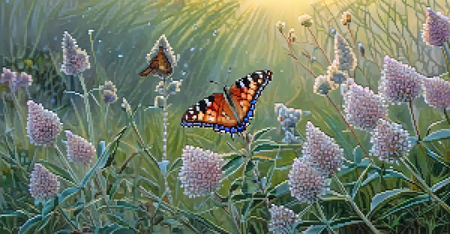 A detailed close-up of native plants in Santa Monica with a butterfly resting on a flower, showcasing biodiversity.