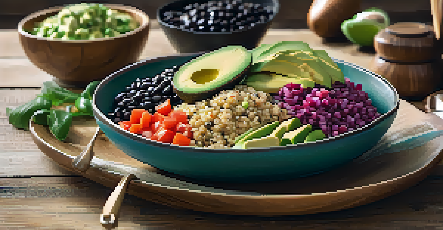 A close-up of a plate with a healthy quinoa salad featuring black beans, avocados, and colorful vegetables on a rustic wooden table.