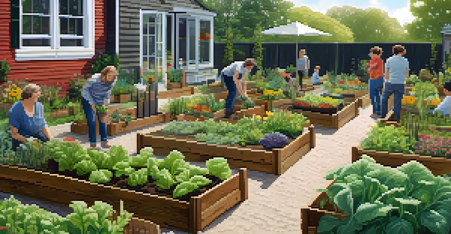 A community garden with neighbors planting vegetables and herbs, surrounded by raised beds and pathways, showcasing collaboration and sustainability.