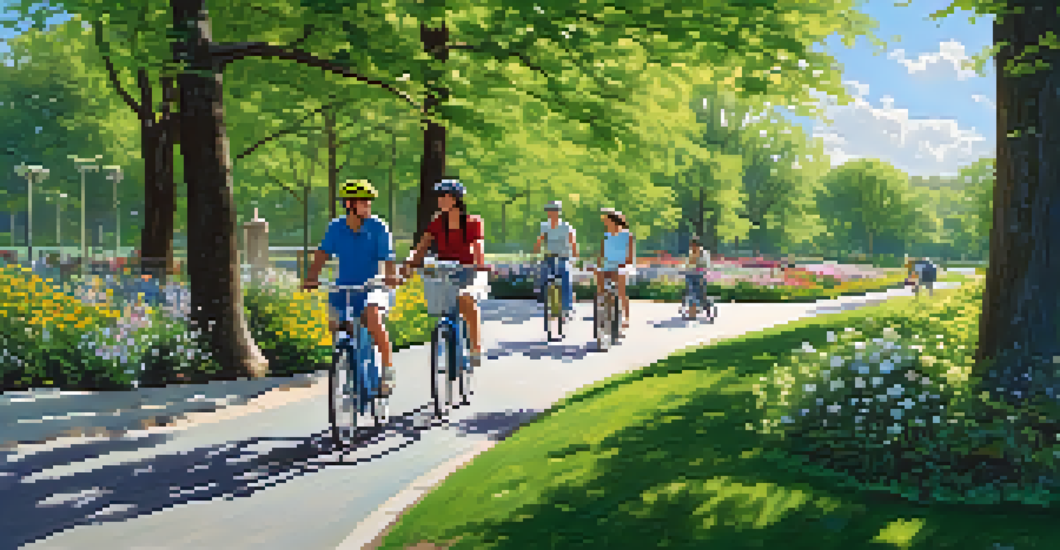 A peaceful park with people cycling on a winding path surrounded by trees and flowers under a blue sky.