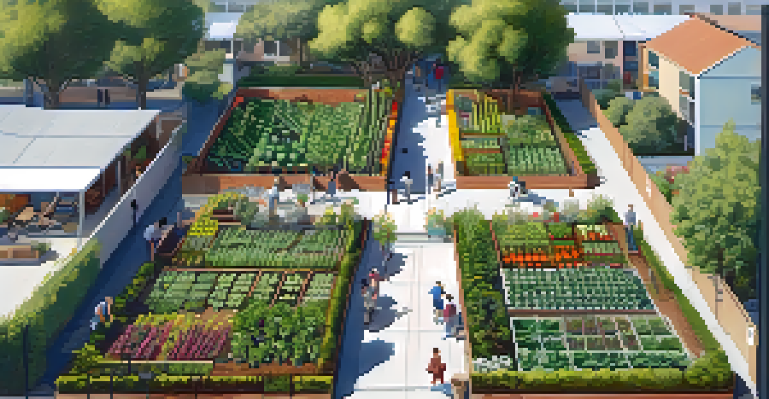 An aerial view of a community garden with organized vegetable and flower plots, surrounded by trees and benches.
