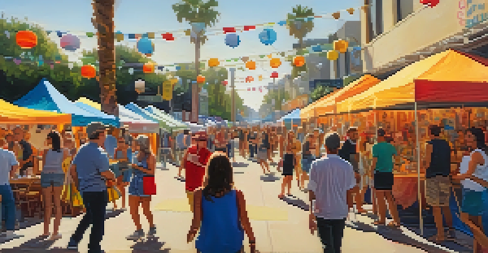 A bustling street scene at Santa Monica's Art Walk, with artists displaying their work and visitors enjoying the vibrant atmosphere.