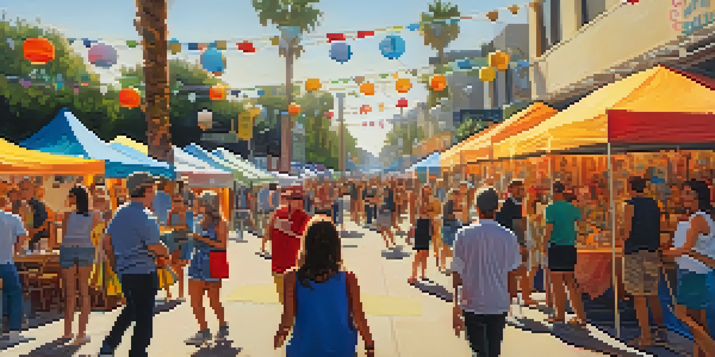 A bustling street scene at Santa Monica's Art Walk, with artists displaying their work and visitors enjoying the vibrant atmosphere.