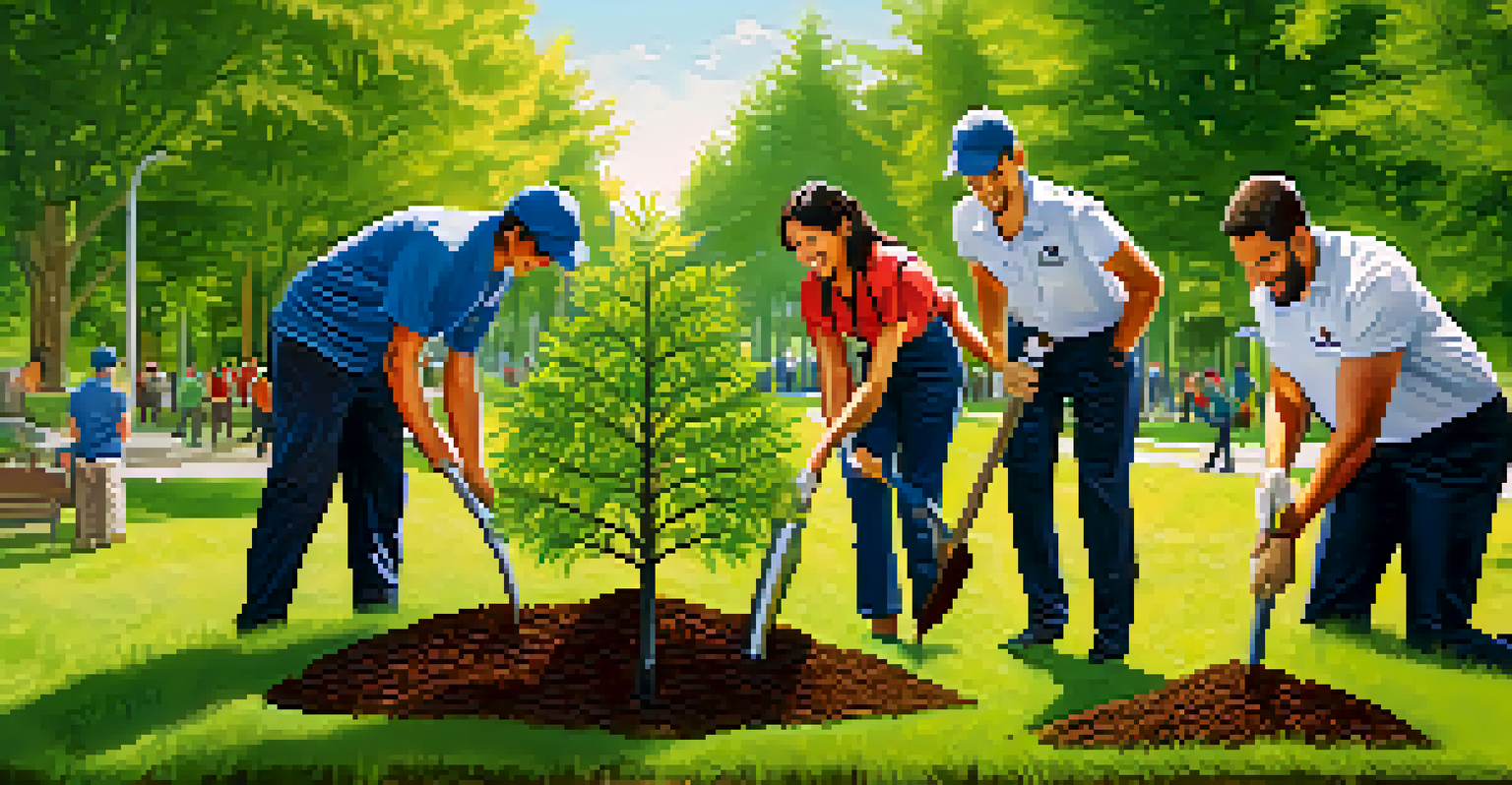 A diverse business team planting trees in a sunny park, promoting sustainability and community involvement.