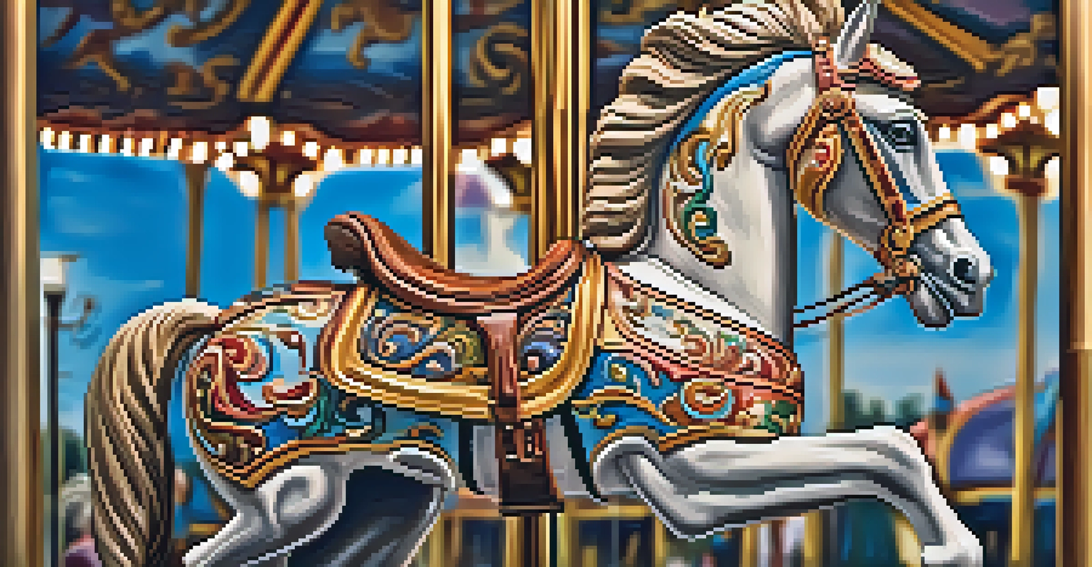 A detailed close-up of a vibrant carousel horse, highlighting its craftsmanship and colors against a blurred carousel background.