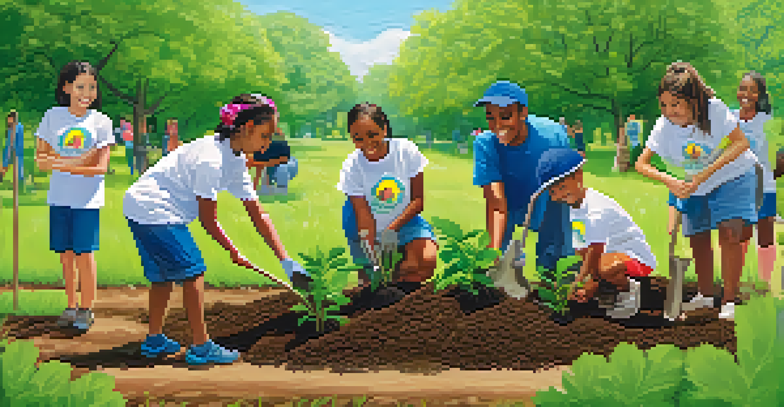 A diverse group of young volunteers planting trees together in a park, wearing matching t-shirts, surrounded by flowers and greenery under a blue sky.