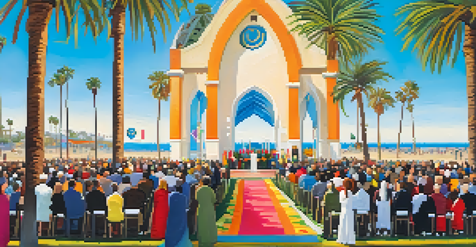 A diverse gathering of people celebrating the Annual Interfaith Thanksgiving Service in Santa Monica, surrounded by decorations and palm trees.