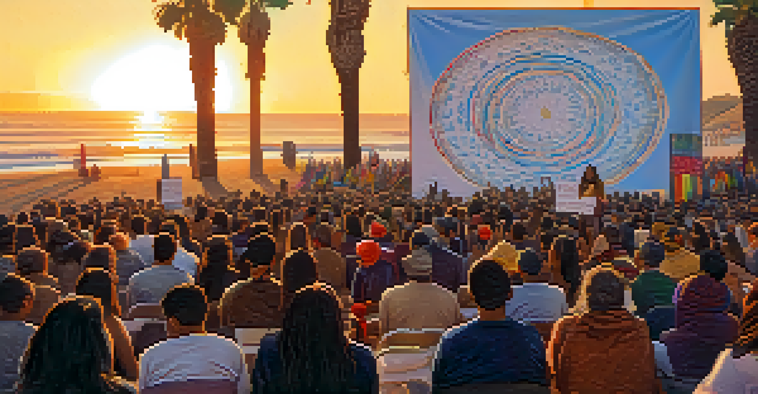 A Tongva activist addressing a diverse crowd at a community event advocating for indigenous rights.
