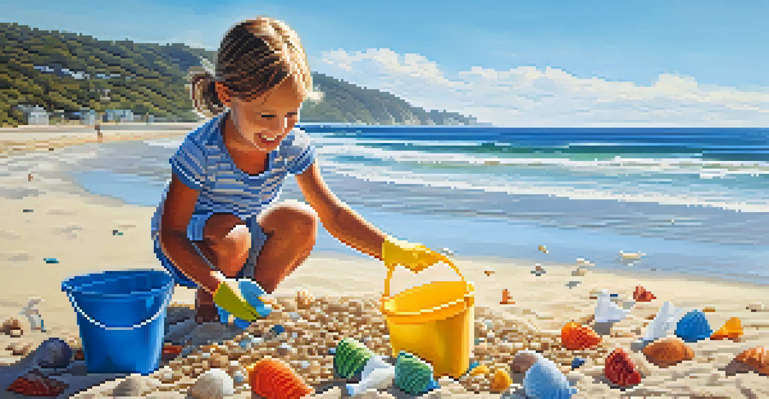A close-up of a child happily collecting litter on the beach with a bucket, showcasing the importance of clean beaches.