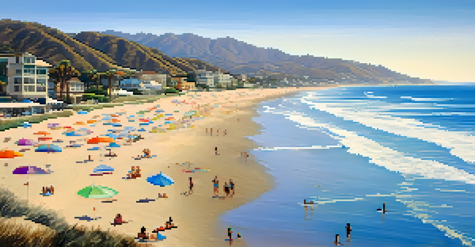 A picturesque beach scene at Zuma Beach in Malibu with golden sand, gentle waves, and sunbathers.