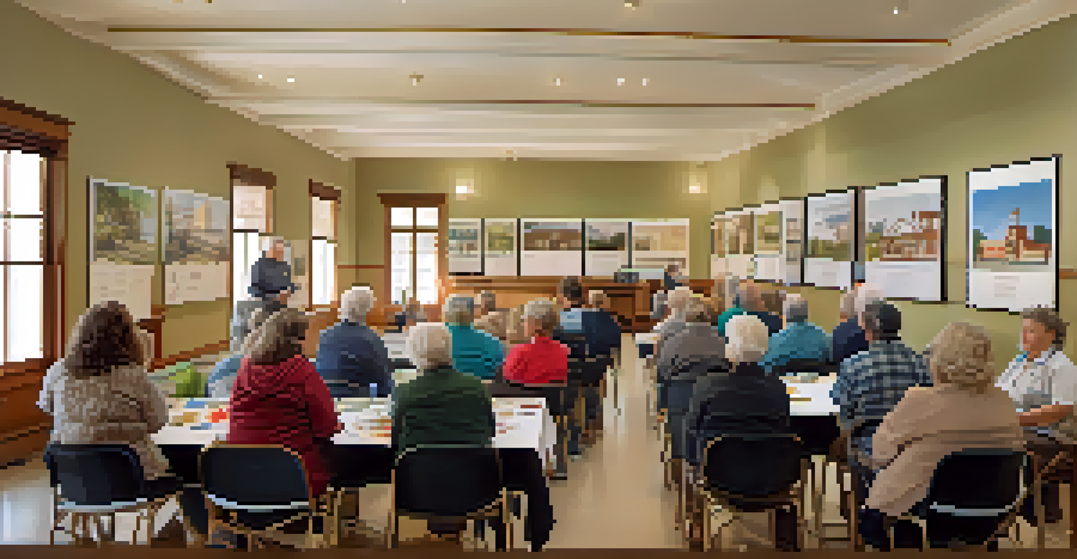 A community workshop on historic preservation in a bright room with residents listening to a speaker, surrounded by photographs of historical sites and brochures.