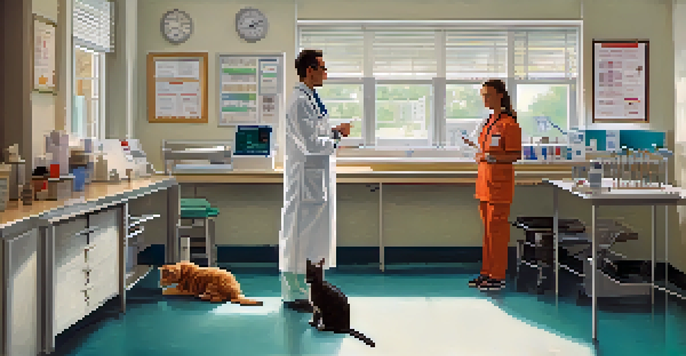 A veterinarian explaining care options to a pet owner in a bright examination room.