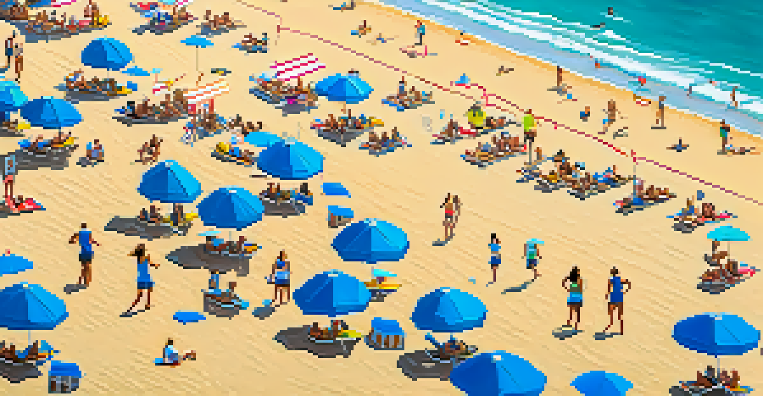 An aerial view of a beach volleyball tournament in Santa Monica, showcasing players on the sand with the ocean and spectators in the background.