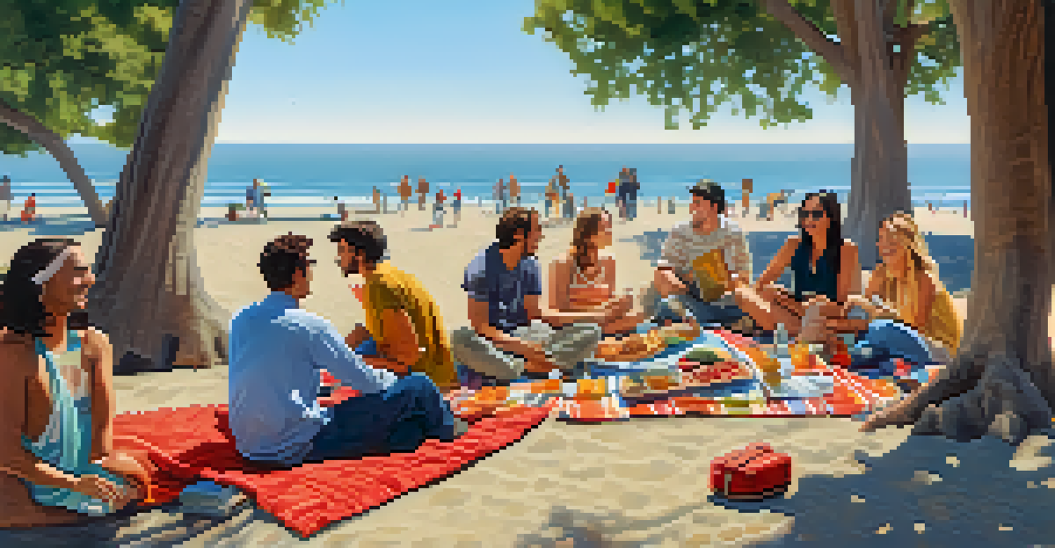 A vibrant outdoor picnic in a park in Santa Monica with people engaging in a language exchange, surrounded by food and laughter.