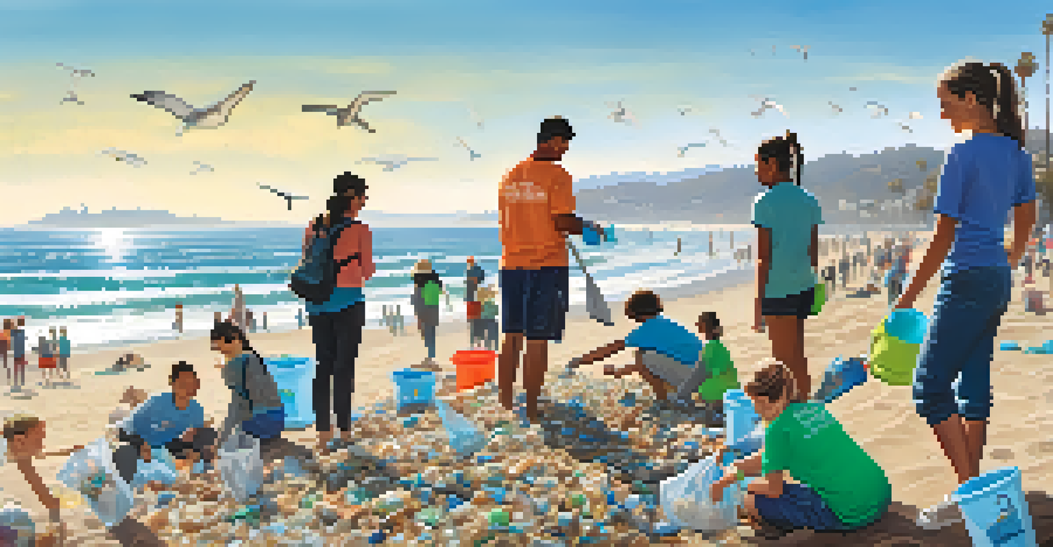 Volunteers, including students, participating in a beach cleanup at Santa Monica, collecting plastic waste along the shore.