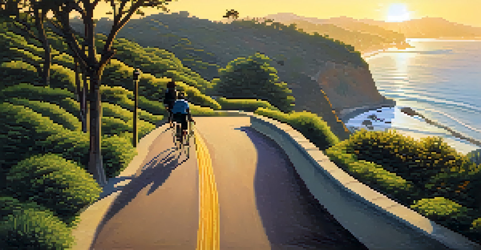 A cyclist riding through Palisades Park at sunset, with trees and ocean views in the background.