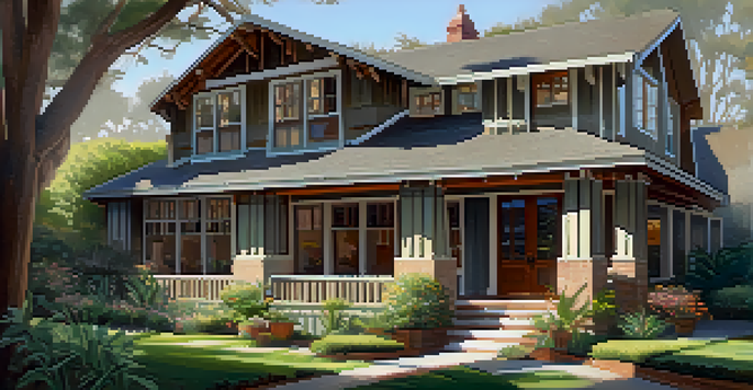 A Craftsman-style home with exposed beams and a large porch, surrounded by a beautiful garden.