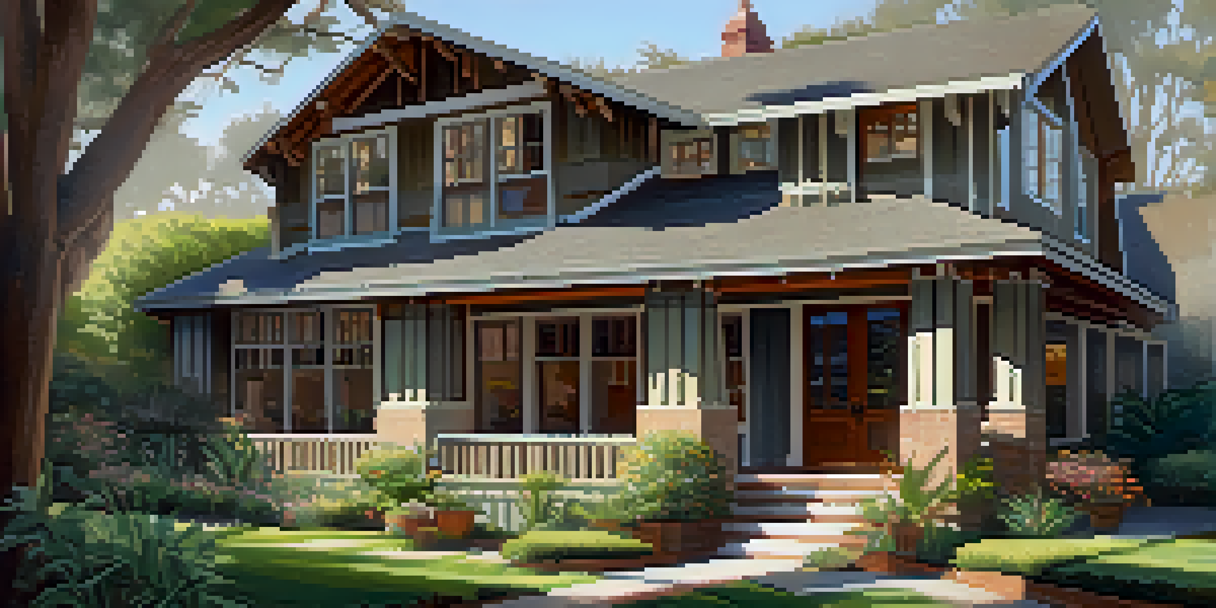 A Craftsman-style home with exposed beams and a large porch, surrounded by a beautiful garden.