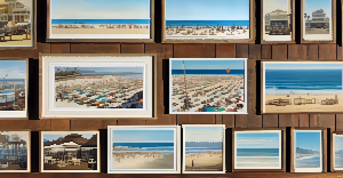 A display of vintage photographs of early 20th century Santa Monica beach, with golden sands and wooden piers, and artifacts like postcards and seashells on a rustic table.