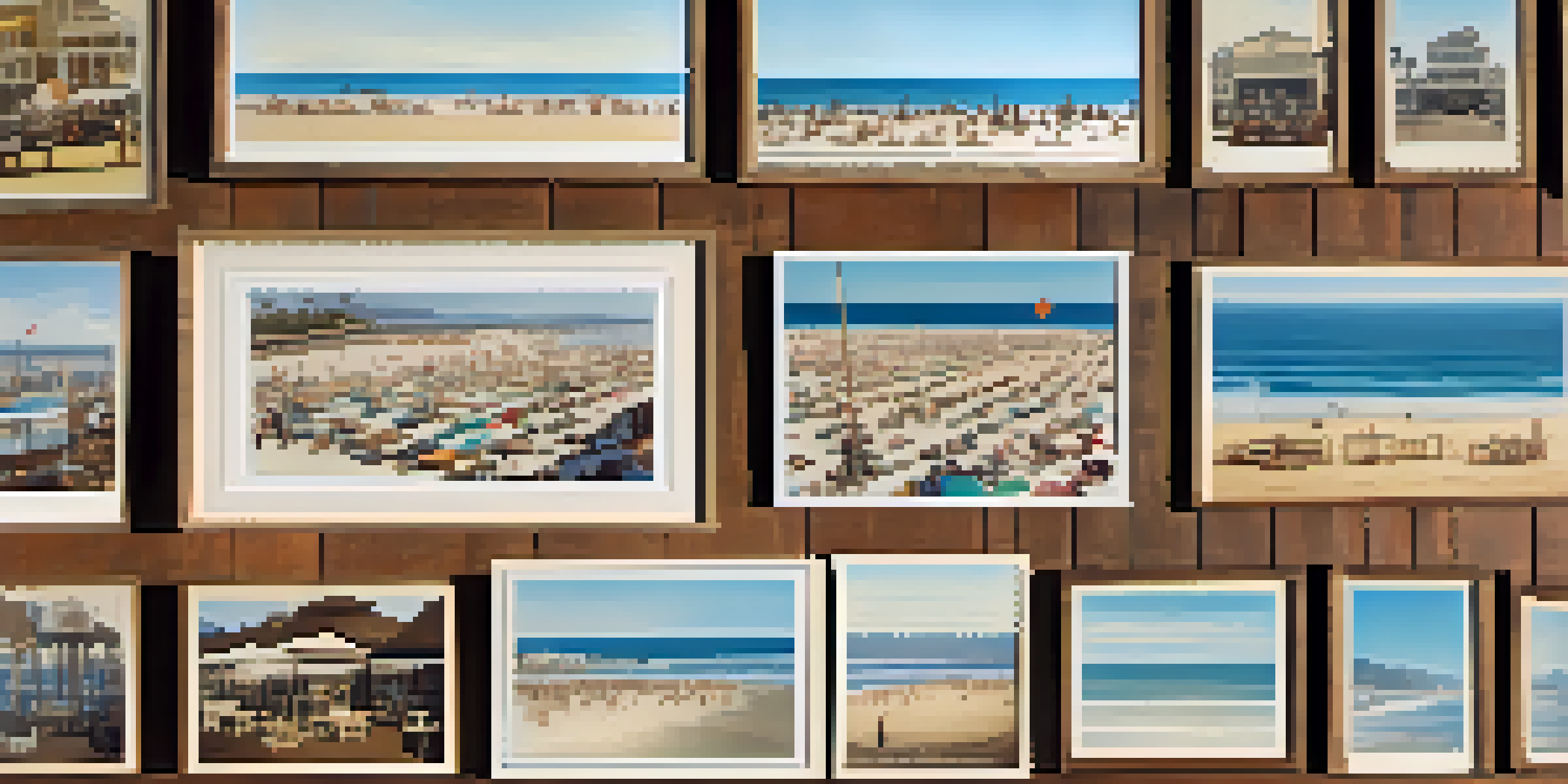 A display of vintage photographs of early 20th century Santa Monica beach, with golden sands and wooden piers, and artifacts like postcards and seashells on a rustic table.