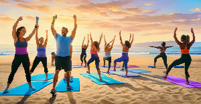 A diverse group of people participating in a high-energy outdoor fitness class on the beach, with the ocean in the background and bright sunlight.