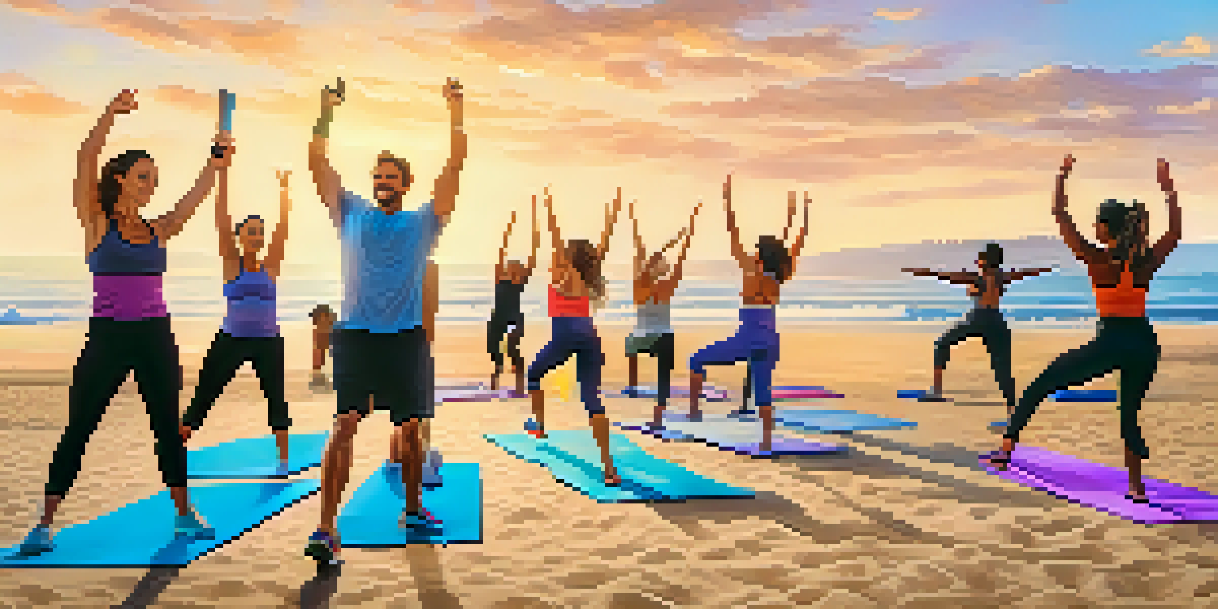 A diverse group of people participating in a high-energy outdoor fitness class on the beach, with the ocean in the background and bright sunlight.