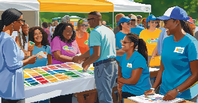 A lively community health fair with volunteers helping attendees, colorful booths, and a sunny atmosphere.