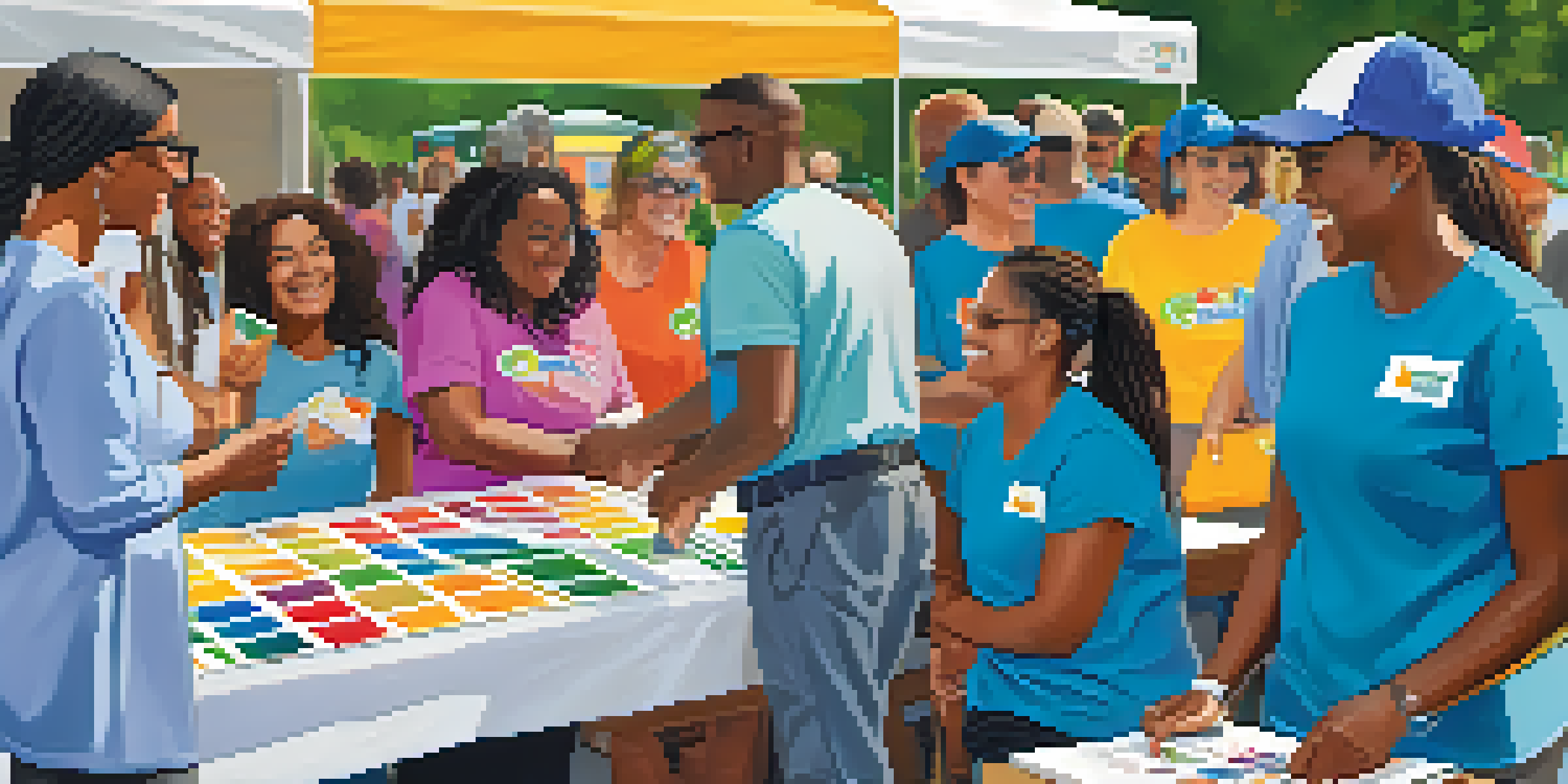 A lively community health fair with volunteers helping attendees, colorful booths, and a sunny atmosphere.