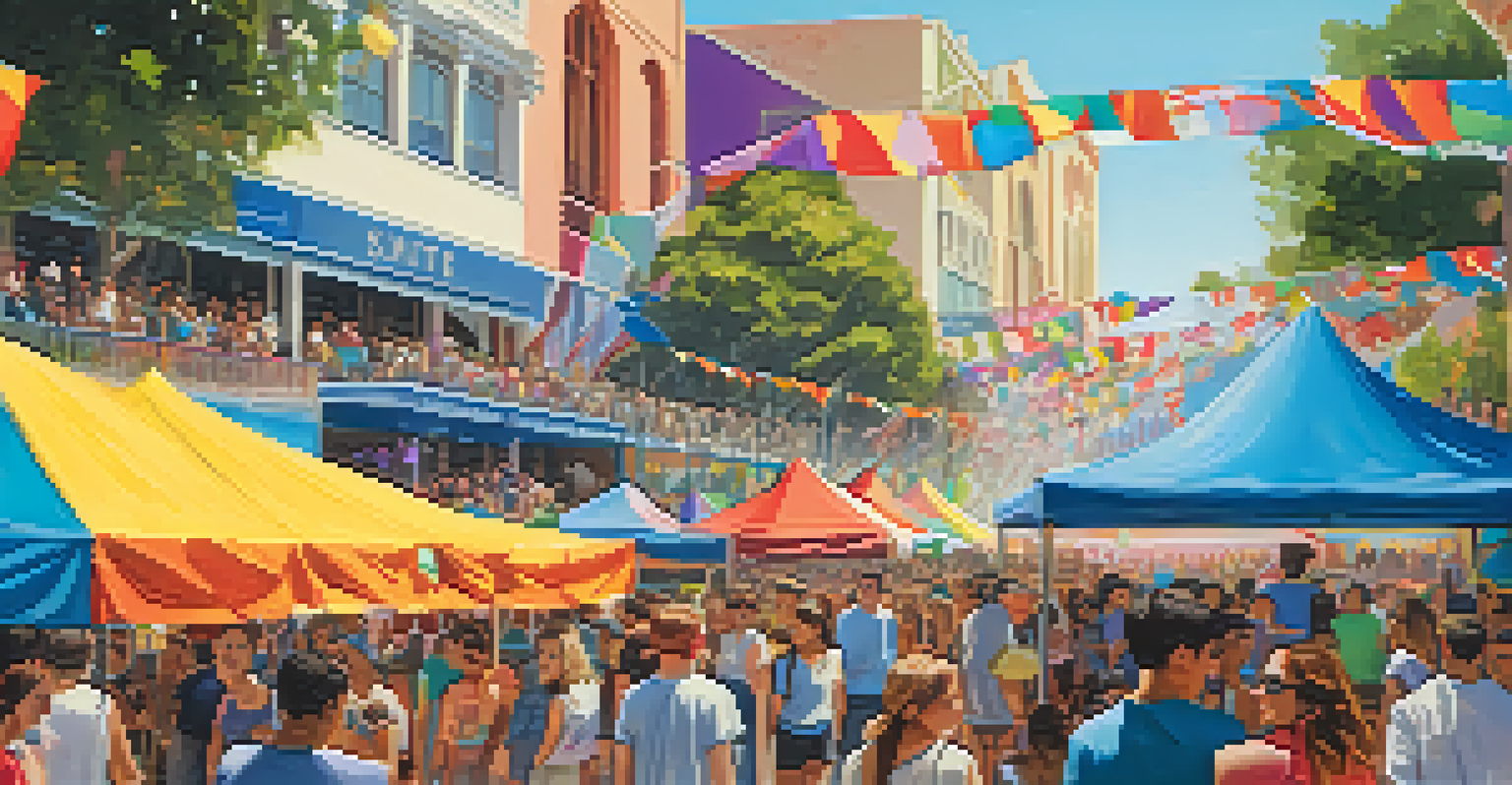 A lively youth-led festival in Santa Monica with colorful booths, performances on stage, and an engaged crowd enjoying the atmosphere.