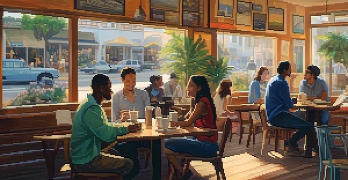 A cozy café in Santa Monica filled with people participating in a language exchange, showcasing a warm and inviting environment.