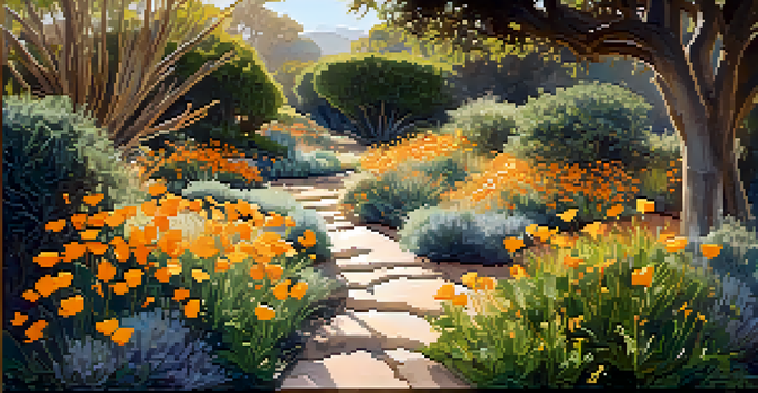 A colorful garden in Santa Monica with native plants like California poppies and coast live oaks, illuminated by golden sunlight and featuring a stone pathway.