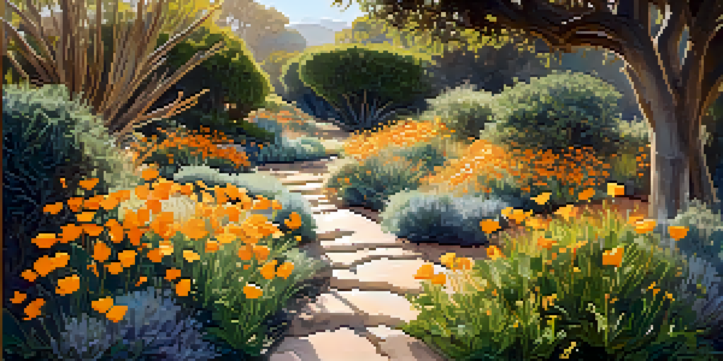 A colorful garden in Santa Monica with native plants like California poppies and coast live oaks, illuminated by golden sunlight and featuring a stone pathway.