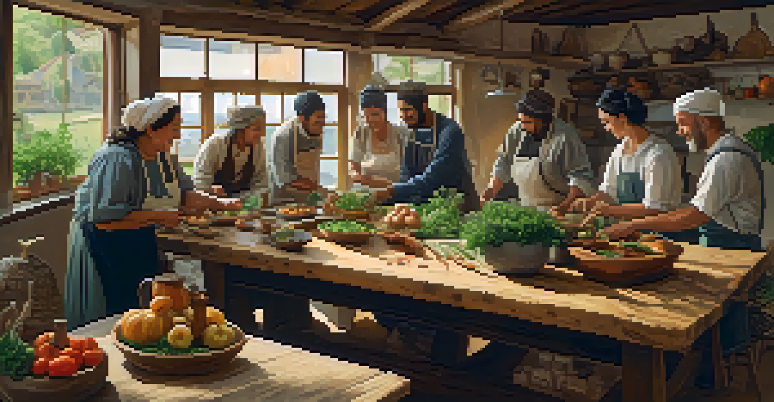 Participants gathered around a wooden table, preparing a meal together with fresh herbs and local produce, creating a sense of community.