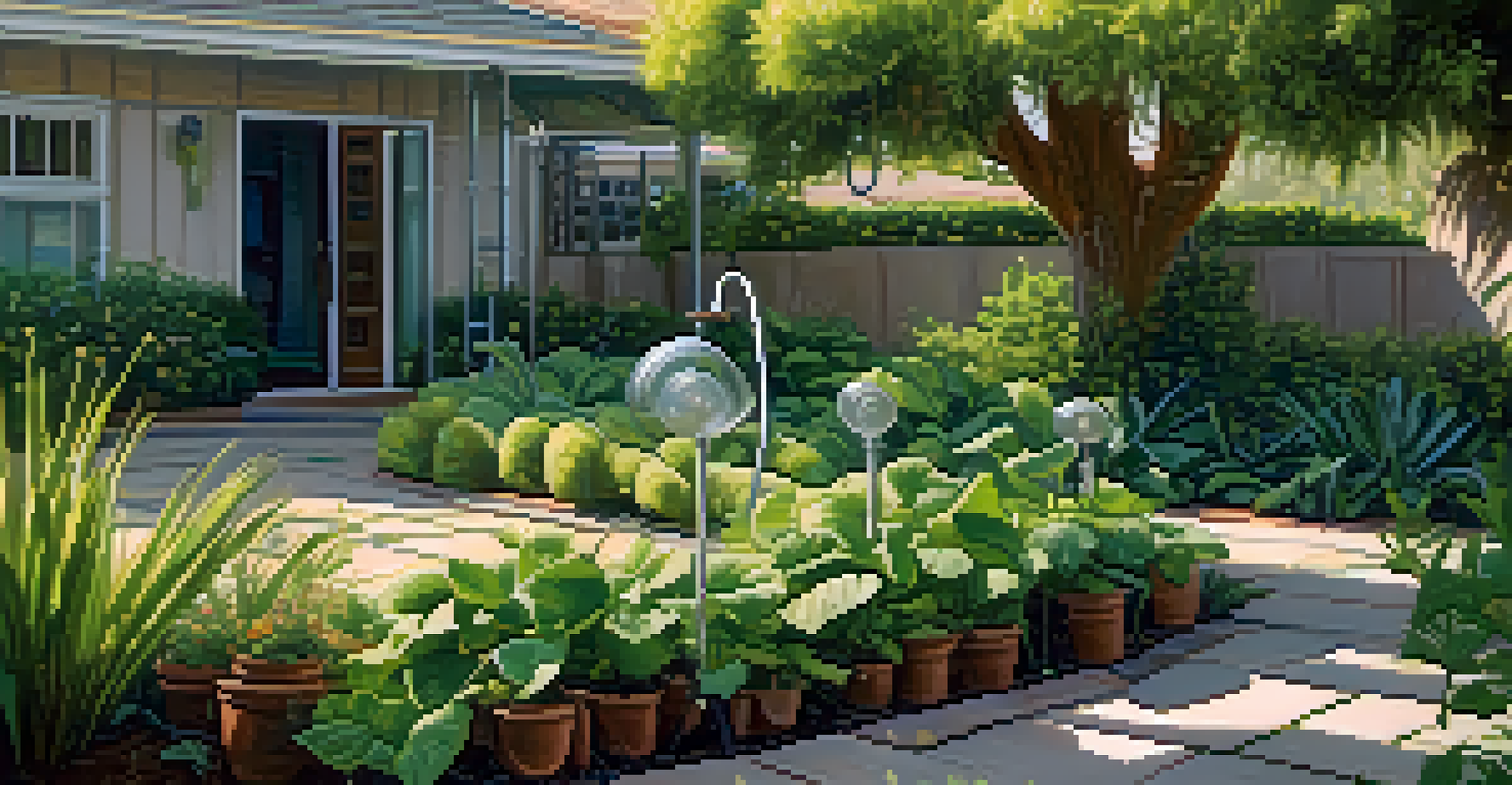 A close-up of a smart irrigation system in a Santa Monica garden, with healthy plants and sunlight filtering through the leaves.