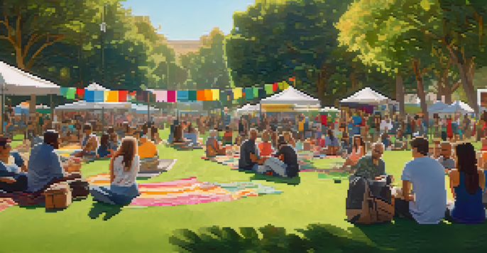 A diverse group of residents engaging in discussion at a park in Santa Monica, with colorful banners and greenery around them.
