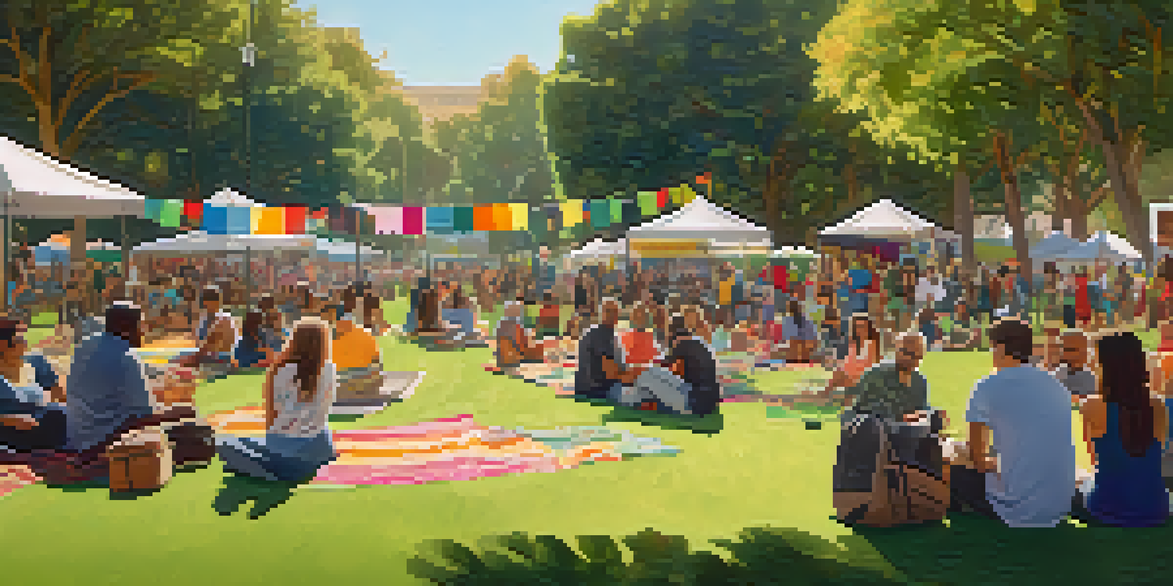 A diverse group of residents engaging in discussion at a park in Santa Monica, with colorful banners and greenery around them.